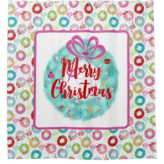 Retro kerst Blauwgroen krans Douchegordijn (Voorkant)