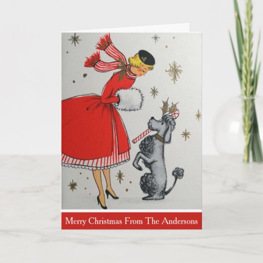  retro kerst dame en poedel custom feestdagen kaart (Voorkant)