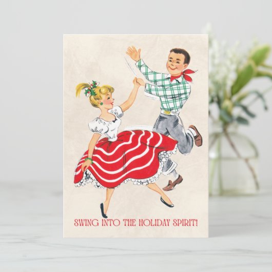 Retro Kerst Dansend Paar Feestdagenkaart (Staand voorkant)