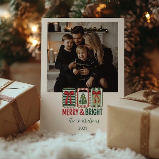 Retro Kerst Foto Merry & Bright Feestdagenkaart