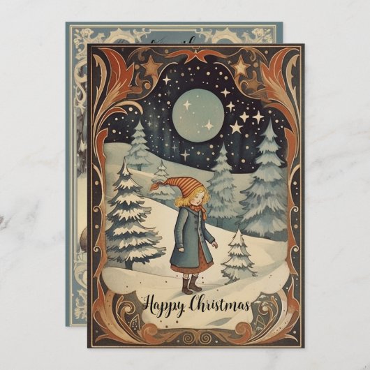 Retro Kerst Gouache afbeeldingen voor en achter Feestdagenkaart (Voorkant / Achterkant)