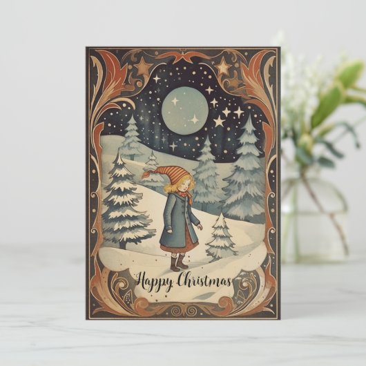 Retro Kerst Gouache afbeeldingen voor en achter Feestdagenkaart (Staand voorkant)