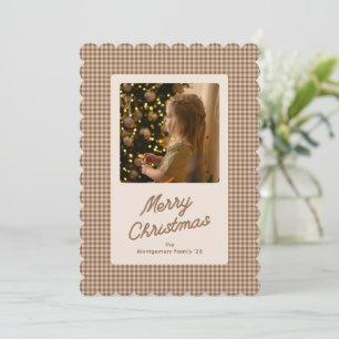 Retro Kerst Groet Foto met Bruine Gingham Feestdagenkaart