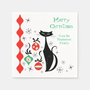 Retro Kerst Kat Zijstreep Prettig Kerstfeest Tekst Servet