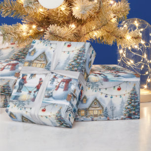 Retro Kerst Kinder Schaatsen Gift Wrapping Paper Cadeaupapier