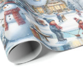 Retro Kerst Kinder Schaatsen Gift Wrapping Paper Cadeaupapier (Rol Hoek)