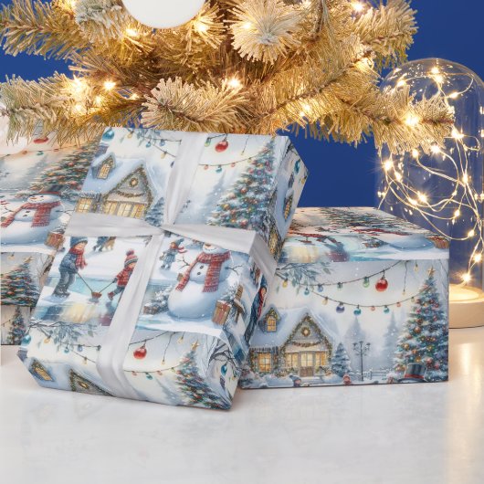 Retro Kerst Kinderen Schaatsen Cadeaupapier (Feestdagen)