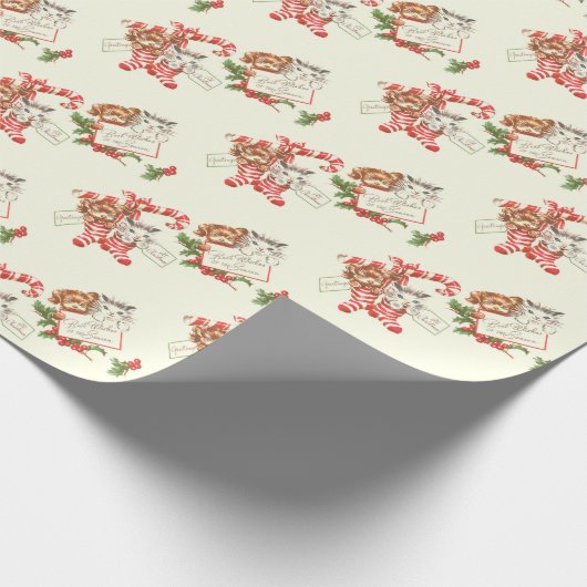 Retro Kerst Kitten en Puppy Cadeaupapier (Hoek)