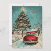 Retro Kerst Klassieke Auto en Feestelijke Boom Sce Feestdagenkaart (Voorkant)