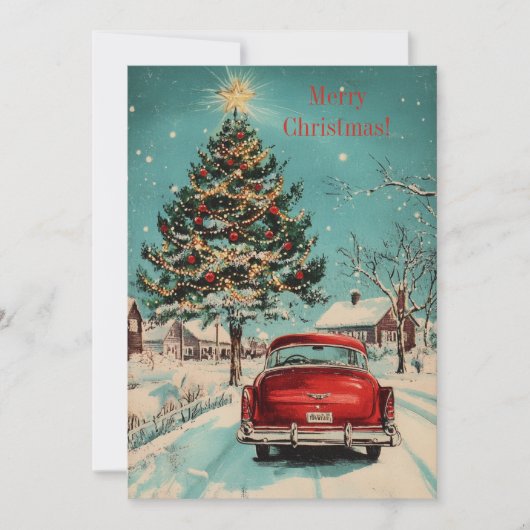 Retro Kerst Klassieke Auto en Feestelijke Boom Sce Feestdagenkaart (Voorkant)