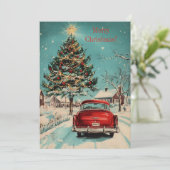 Retro Kerst Klassieke Auto en Feestelijke Boom Sce Feestdagenkaart (Staand voorkant)