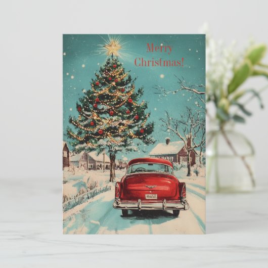 Retro Kerst Klassieke Auto en Feestelijke Boom Sce Feestdagenkaart (Staand voorkant)