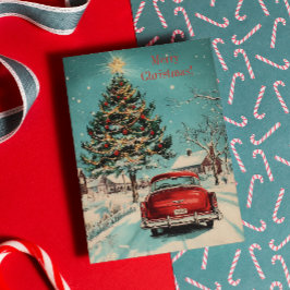 Retro Kerst Klassieke Auto en Festieve Boom Scene Feestdagenkaart