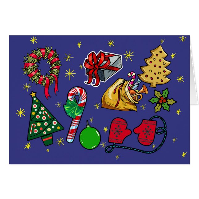 Retro Kerst  Kleurrijk Blauw Rood Groen (Voorkant Horizontaal)