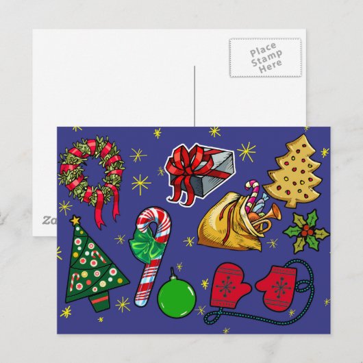 Retro Kerst Kleurrijk Blauw Rood Groen Briefkaart (Voorkant / Achterkant)