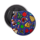 Retro Kerst Kleurrijk Blauw Rood Groen Button Flesopener (Voorkant)