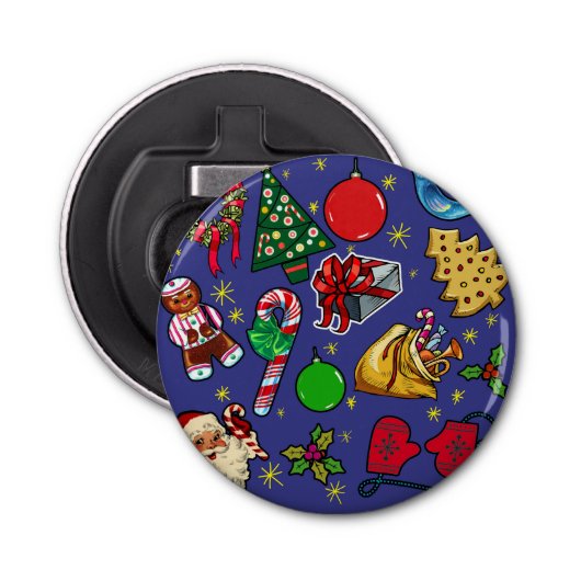 Retro Kerst Kleurrijk Blauw Rood Groen Button Flesopener (Voorkant)