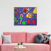 Retro Kerst Kleurrijk Blauw Rood Groen Canvas Afdruk (Insitu (Woonkamer))