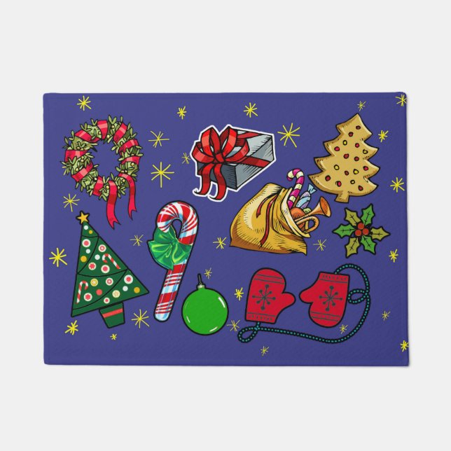 Retro Kerst  Kleurrijk Blauw Rood Groen Deurmat (Voorkant)