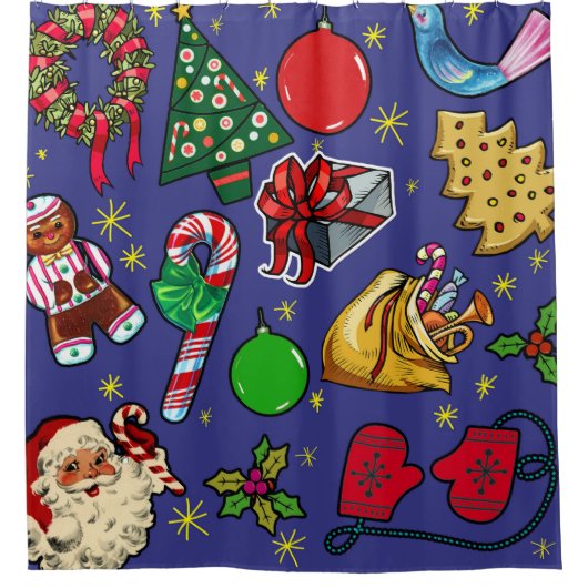 Retro Kerst Kleurrijk Blauw Rood Groen Douchegordijn (Voorkant)