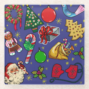 Retro Kerst  Kleurrijk Blauw Rood Groen Glazen Onderzetter