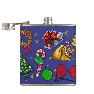 Retro Kerst  Kleurrijk Blauw Rood Groen Heupfles