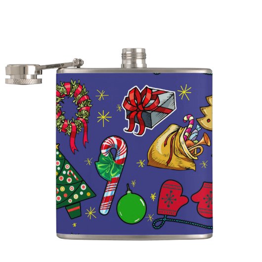 Retro Kerst Kleurrijk Blauw Rood Groen Heupfles (Geopend)