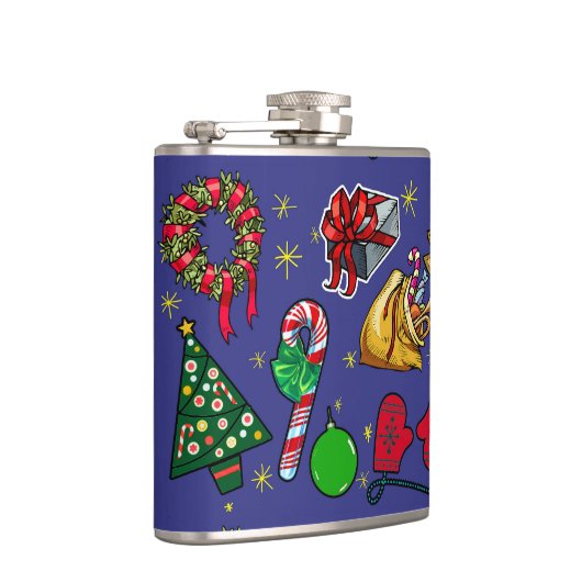 Retro Kerst Kleurrijk Blauw Rood Groen Heupfles (Rechts)