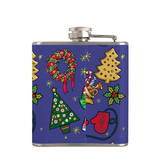 Retro Kerst Kleurrijk Blauw Rood Groen Heupfles (Achterkant)