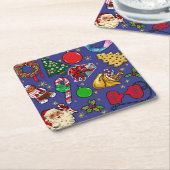 Retro Kerst  Kleurrijk Blauw Rood Groen Kartonnen Onderzetters (Schuin)