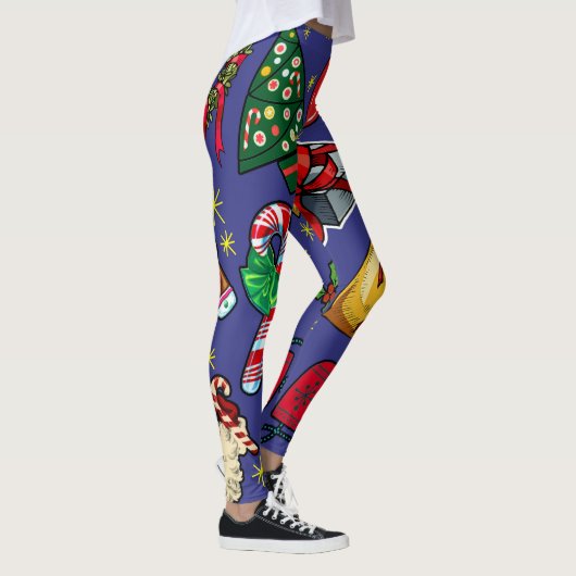 Retro Kerst Kleurrijk Blauw Rood Groen Leggings (Rechts)