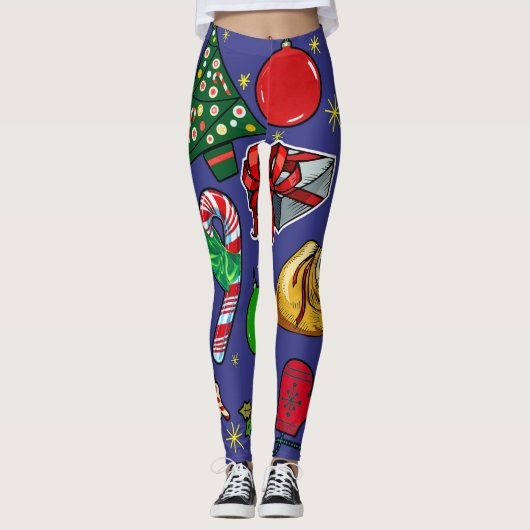 Retro Kerst Kleurrijk Blauw Rood Groen Leggings (Voorkant)