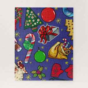 Retro Kerst  Kleurrijk Blauw Rood Groen Legpuzzel