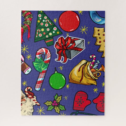 Retro Kerst  Kleurrijk Blauw Rood Groen Legpuzzel (Verticaal)