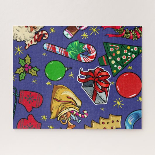 Retro Kerst  Kleurrijk Blauw Rood Groen Legpuzzel (Horizontaal)