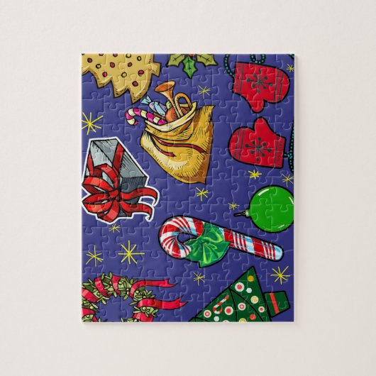 Retro Kerst  Kleurrijk Blauw Rood Groen Legpuzzel (Verticaal)