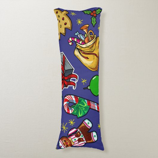 Retro Kerst  Kleurrijk Blauw Rood Groen Lichaamskussen (Voorkant Verticaal)