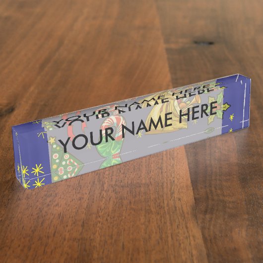 Retro Kerst Kleurrijk Blauw Rood Groen Naambordje (Zijkant)