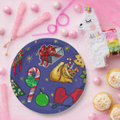 Retro Kerst  Kleurrijk Blauw Rood Groen Papieren Bordje (Feest)