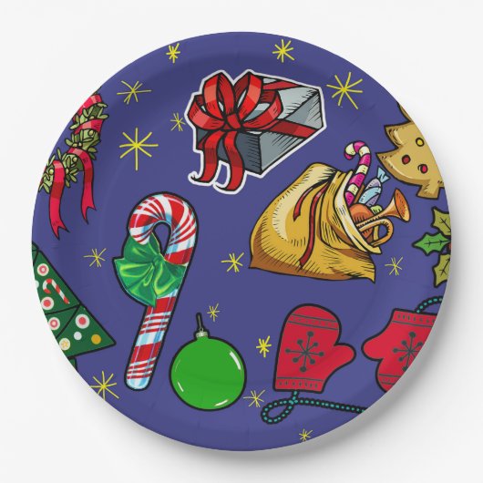 Retro Kerst  Kleurrijk Blauw Rood Groen Papieren Bordje (Voorkant)