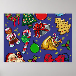 Retro Kerst  Kleurrijk Blauw Rood Groen Poster