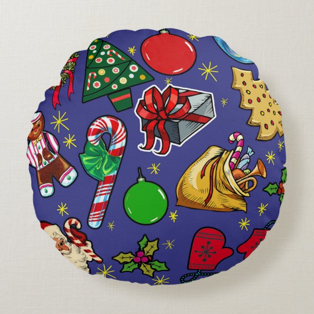 Retro Kerst  Kleurrijk Blauw Rood Groen Rond Kussen (Voorkant)