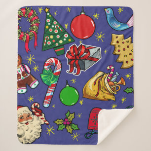 Retro Kerst  Kleurrijk Blauw Rood Groen Sherpa Deken