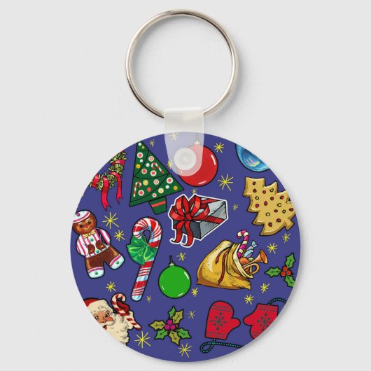 Retro Kerst  Kleurrijk Blauw Rood Groen Sleutelhanger (Voorkant)