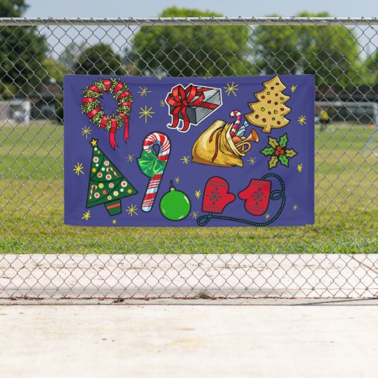 Retro Kerst  Kleurrijk Blauw Rood Groen Spandoek (Insitu)