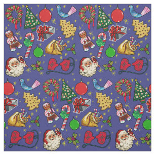 Retro Kerst  Kleurrijk Blauw Rood Groen Stof