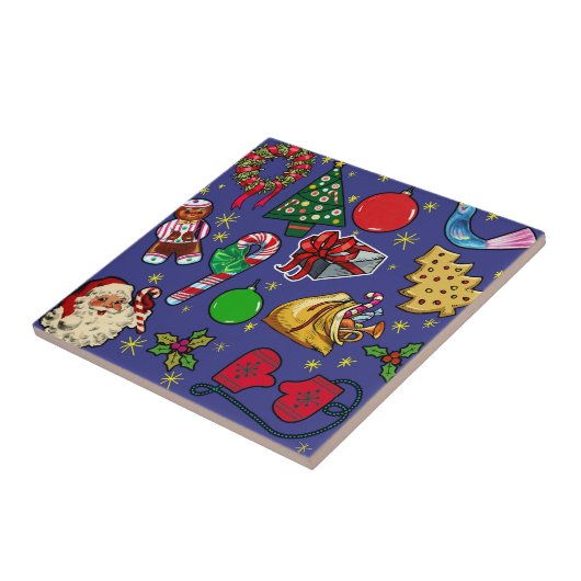 Retro Kerst  Kleurrijk Blauw Rood Groen Tegeltje (Zijkant)