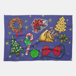Retro Kerst  Kleurrijk Blauw Rood Groen Theedoek