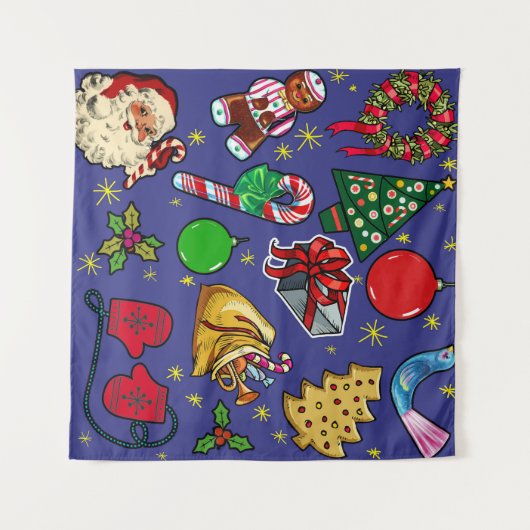 Retro Kerst Kleurrijk Blauw Rood Groen Wandkleed (Voorkant (horizontaal))