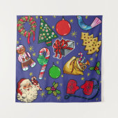 Retro Kerst Kleurrijk Blauw Rood Groen Wandkleed (Voorkant)